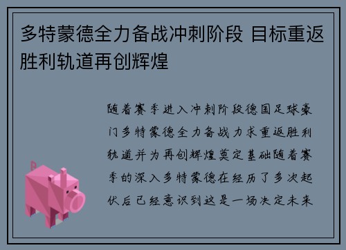 多特蒙德全力备战冲刺阶段 目标重返胜利轨道再创辉煌
