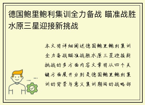 德国鲍里鲍利集训全力备战 瞄准战胜水原三星迎接新挑战
