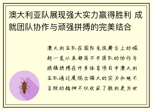 澳大利亚队展现强大实力赢得胜利 成就团队协作与顽强拼搏的完美结合