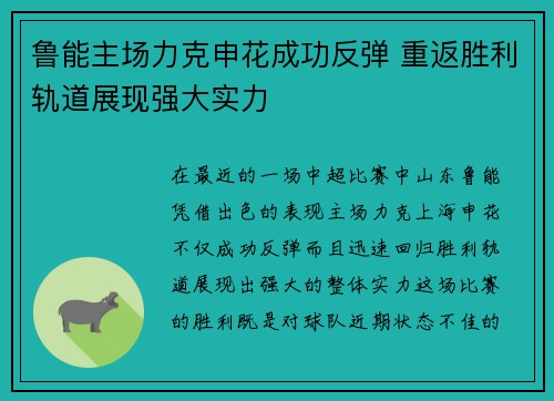 鲁能主场力克申花成功反弹 重返胜利轨道展现强大实力