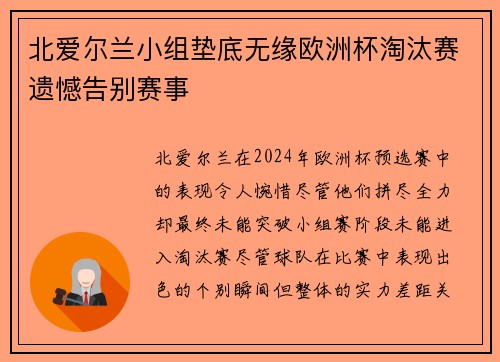 北爱尔兰小组垫底无缘欧洲杯淘汰赛遗憾告别赛事