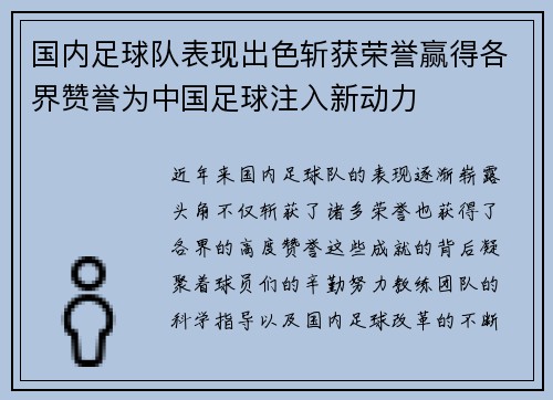 国内足球队表现出色斩获荣誉赢得各界赞誉为中国足球注入新动力