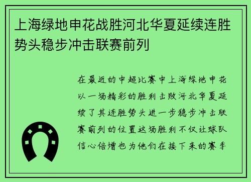 上海绿地申花战胜河北华夏延续连胜势头稳步冲击联赛前列