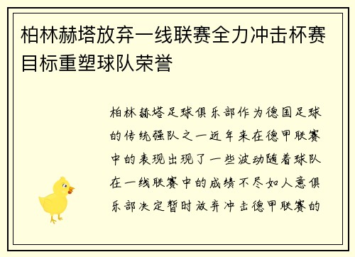 柏林赫塔放弃一线联赛全力冲击杯赛目标重塑球队荣誉