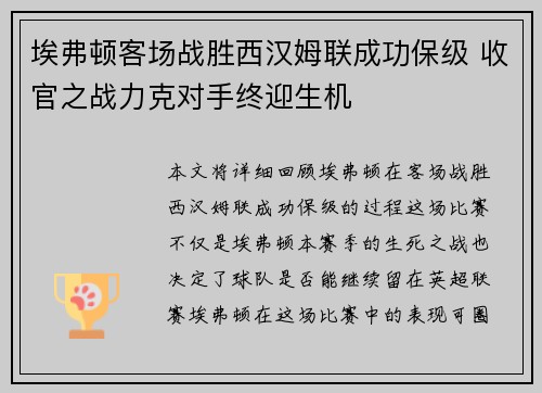 埃弗顿客场战胜西汉姆联成功保级 收官之战力克对手终迎生机